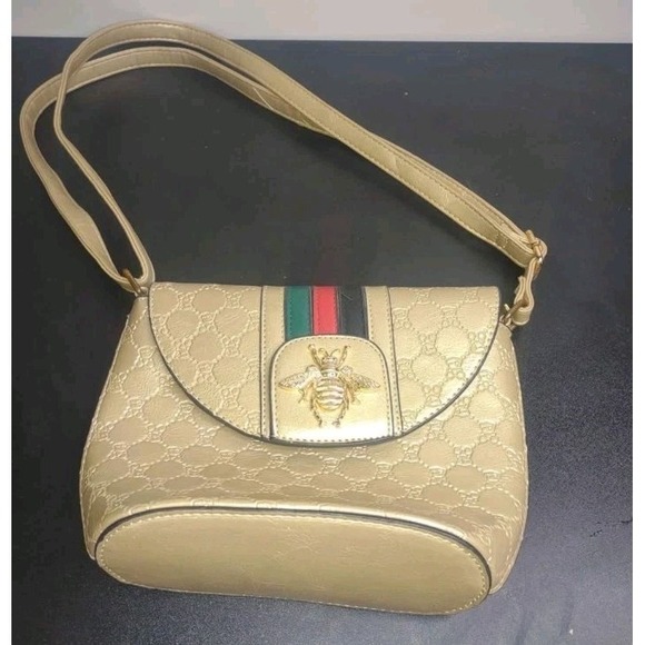 Bee Crosby Handbags - Gold Bee Crosby Purse Faux Leather with Stripe and Gold Bee Hardware